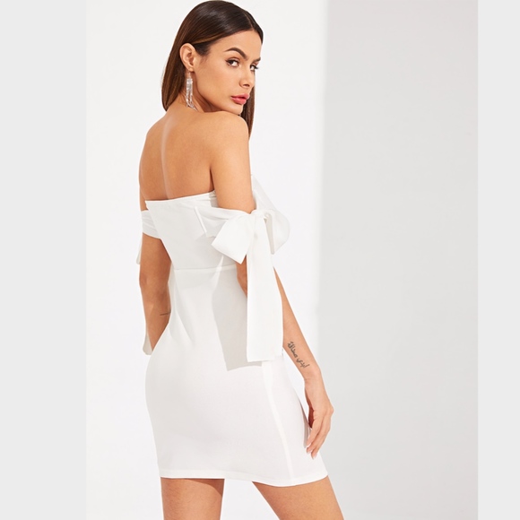 Buttoned Front Ties Off Shoulders Wrap Dress White - Picture 4 of 8